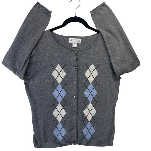 Casual Corner Annex Argyle Button Up Cardigan Sweater Gray Blue White Med Petite - Picture 7 of 11